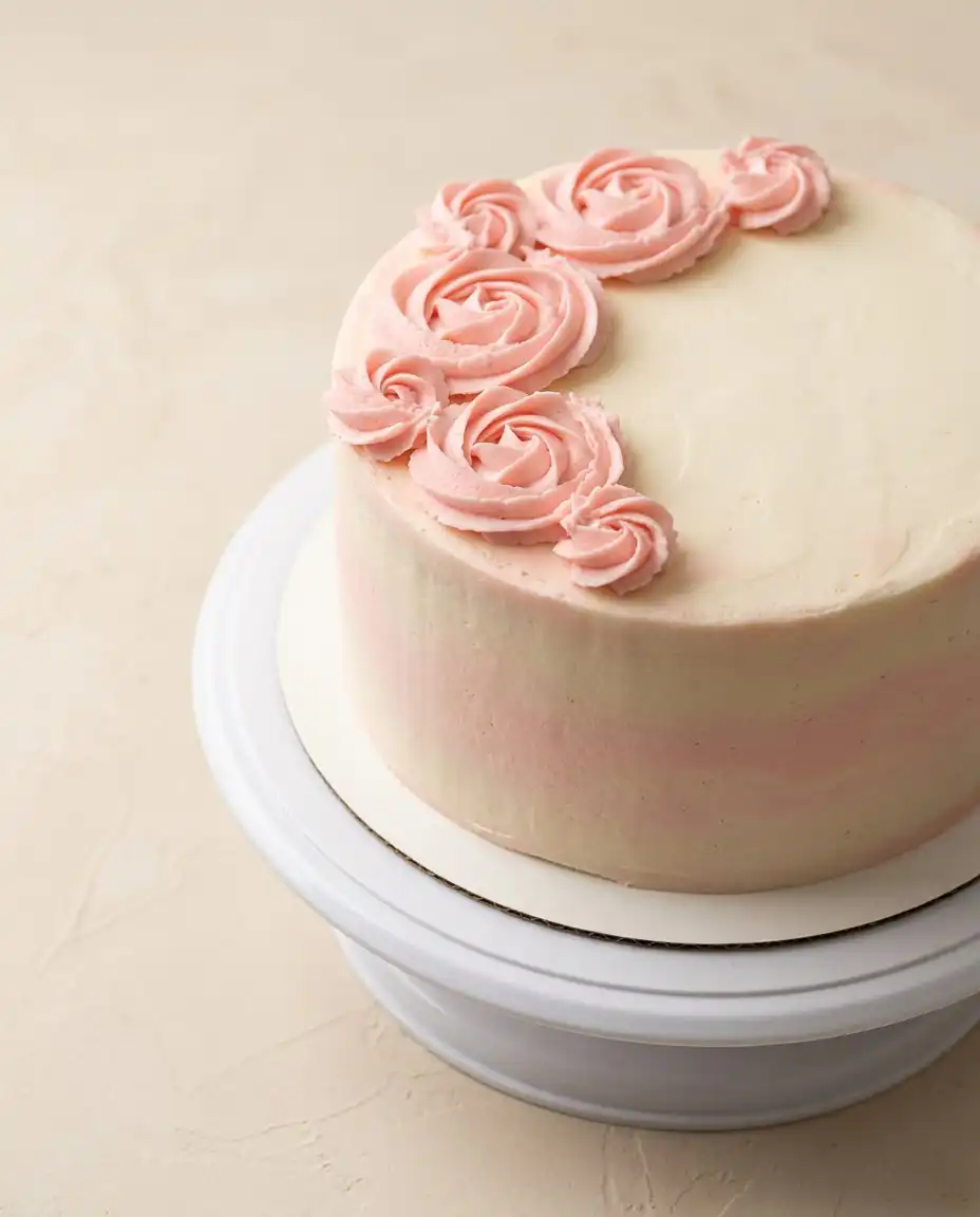 A single slice of Rose Water Layer Cake served on a floral china plate.
