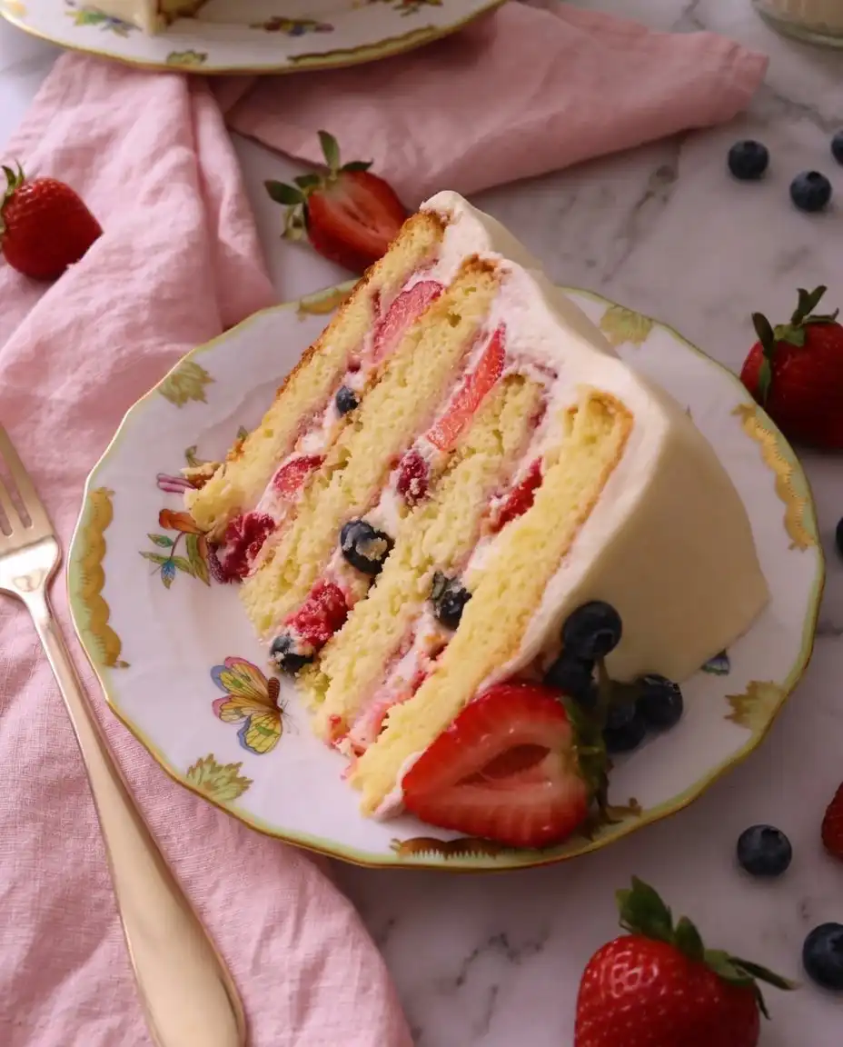 A slice of Chantilly cake on a floral china plate resting on a white lace tablecloth.