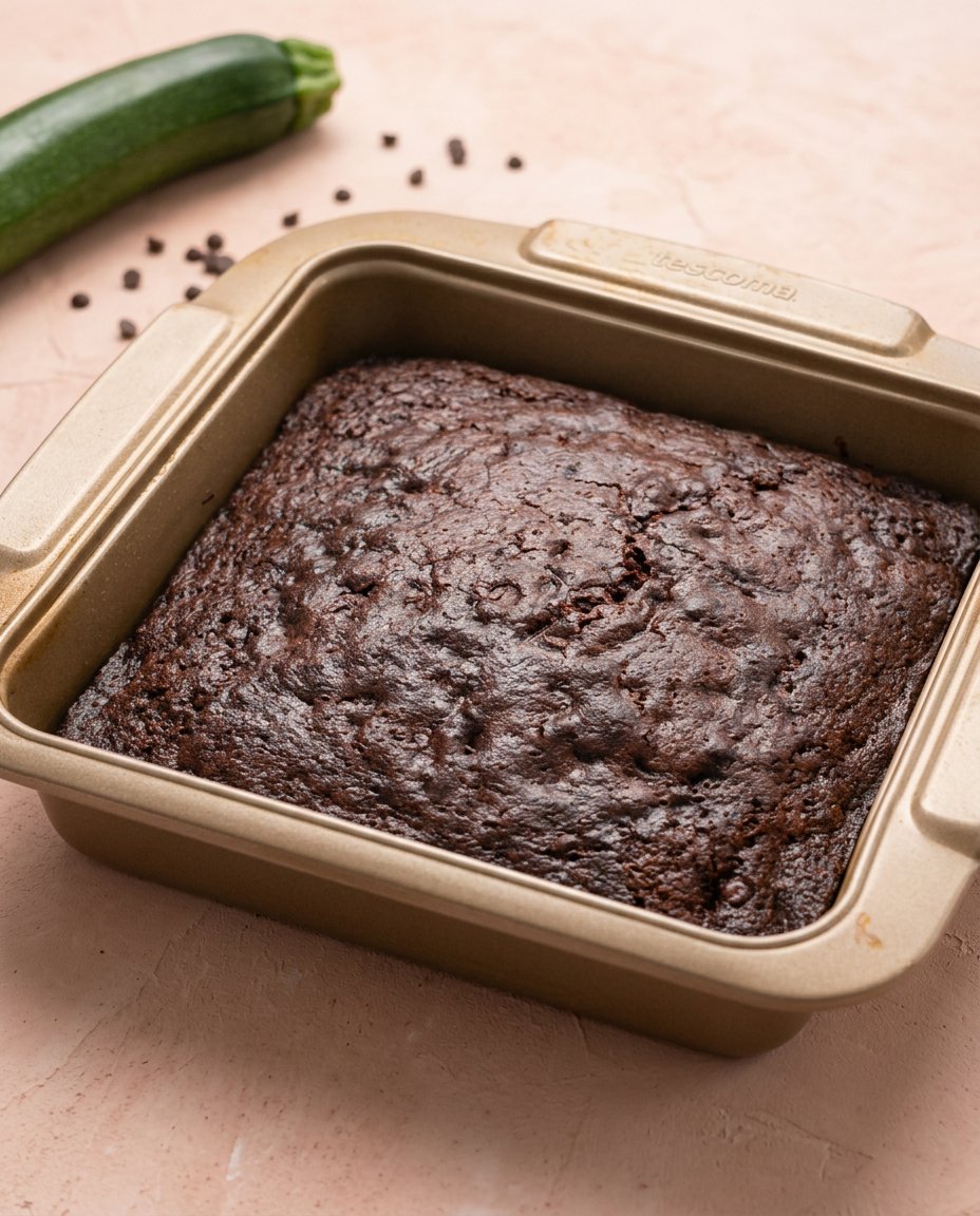 A square of Moist Chocolate Zucchini Cake served next to a vintage cup of black coffee.