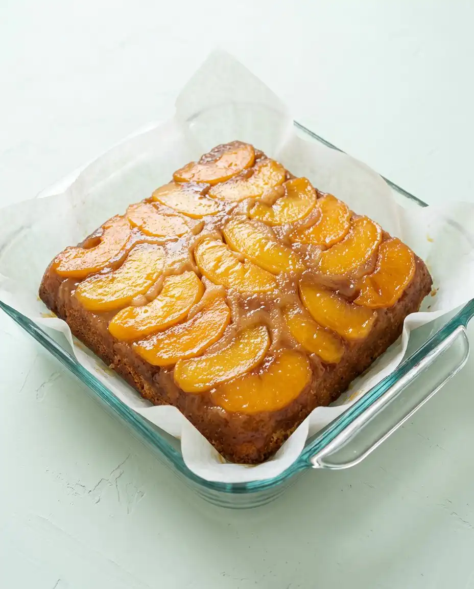 A slice of Classic Peach Upside Down Cake on a vintage china plate with a silver fork.