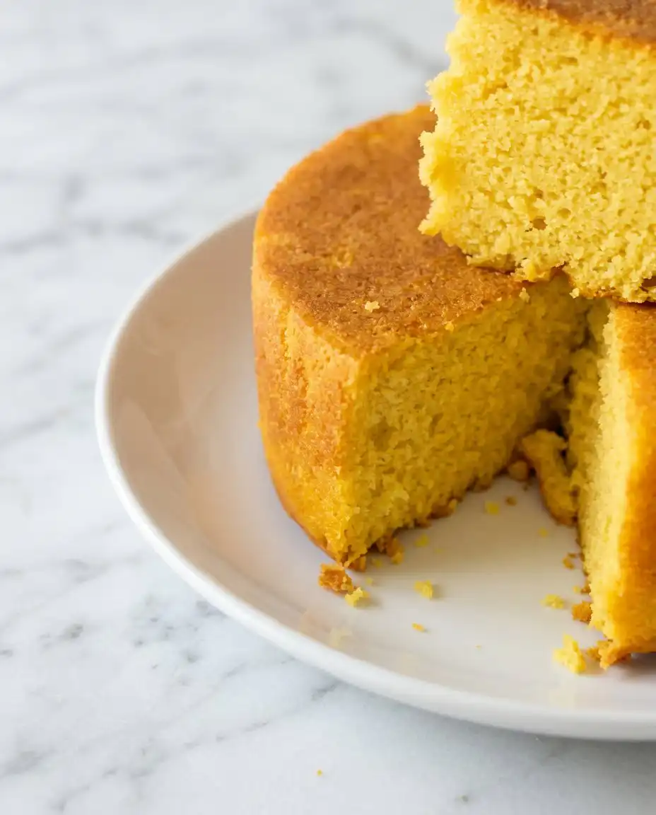 A slice of Classic Mango Sponge Cake served on a delicate patterned porcelain plate.