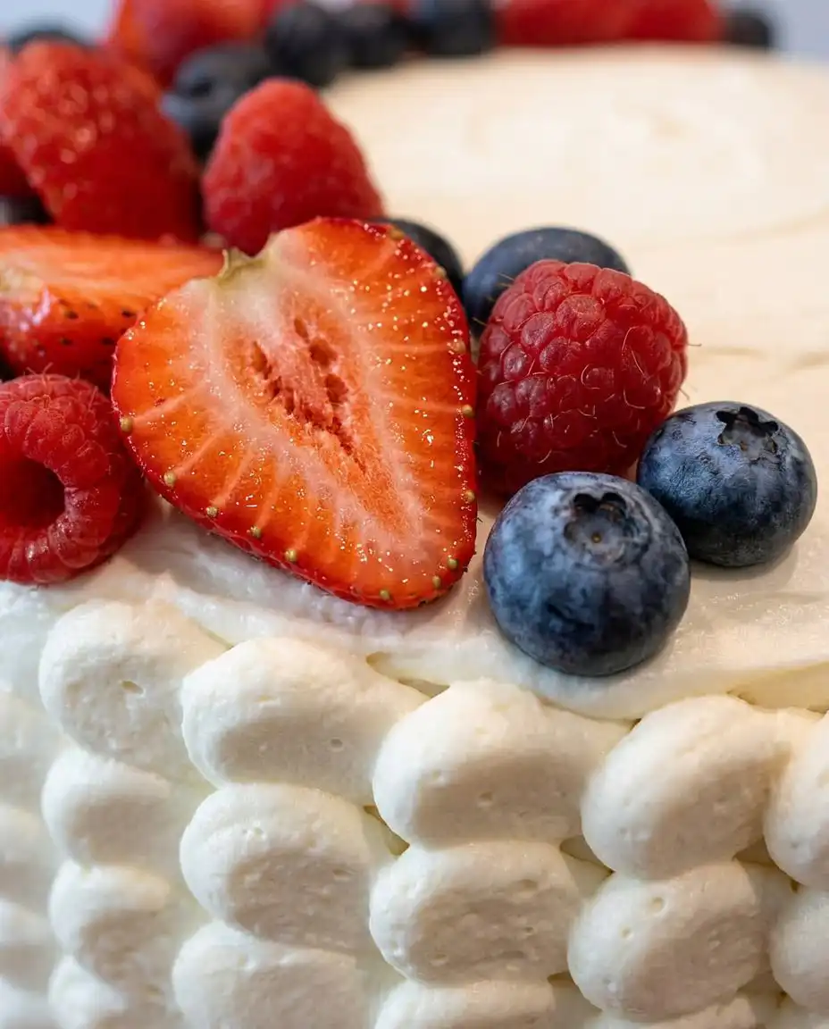 A fully decorated patriotic berry cake topped with fresh strawberries and blueberries