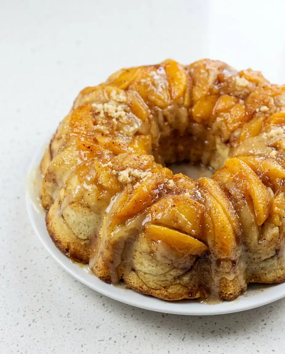A slice of Cream Cheese Peach Cobbler Pound Cake topped with cream.