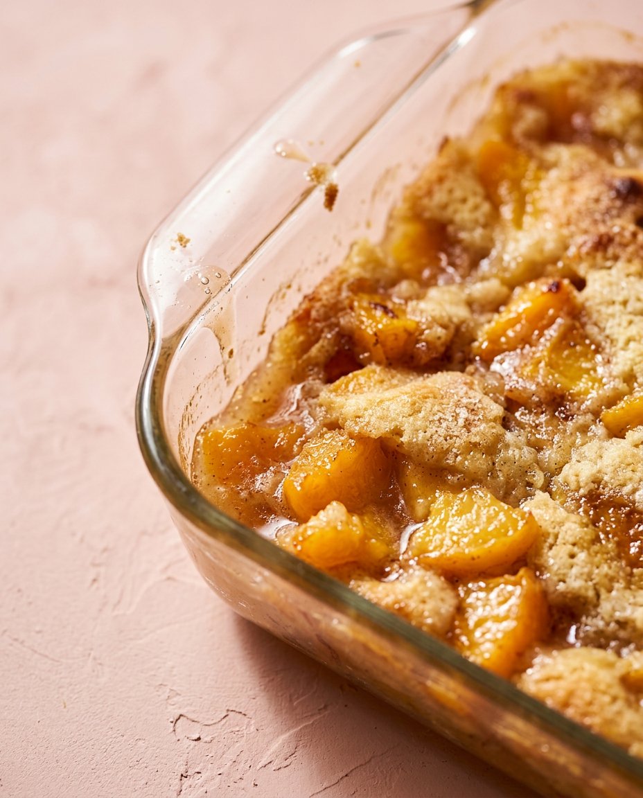 A warm scoop of Canned Peach Dump Cake with Yellow Cake Mix served with vanilla ice cream.