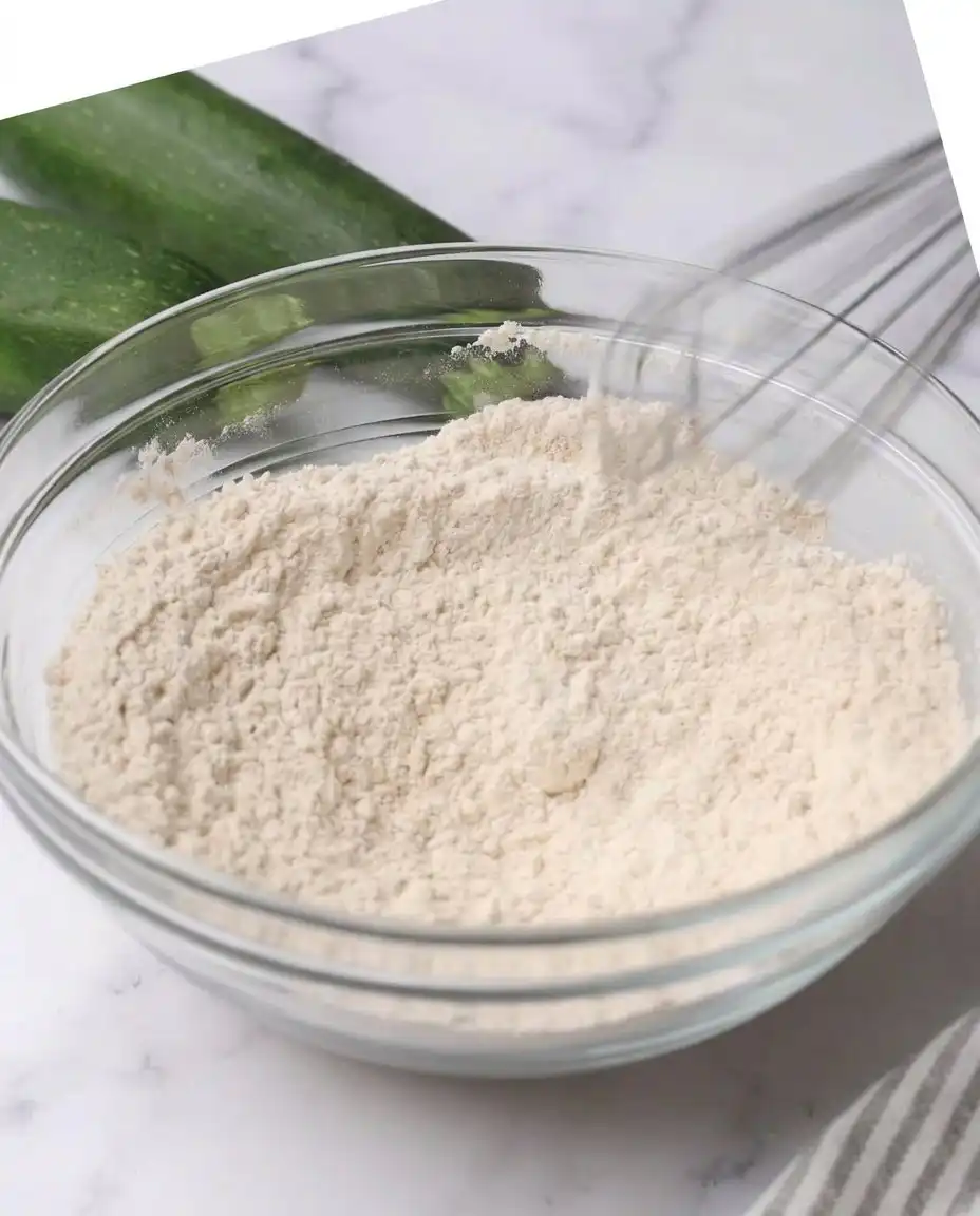 A bowl of shredded zucchini next to flour, sugar, and spices for zucchini bars.
