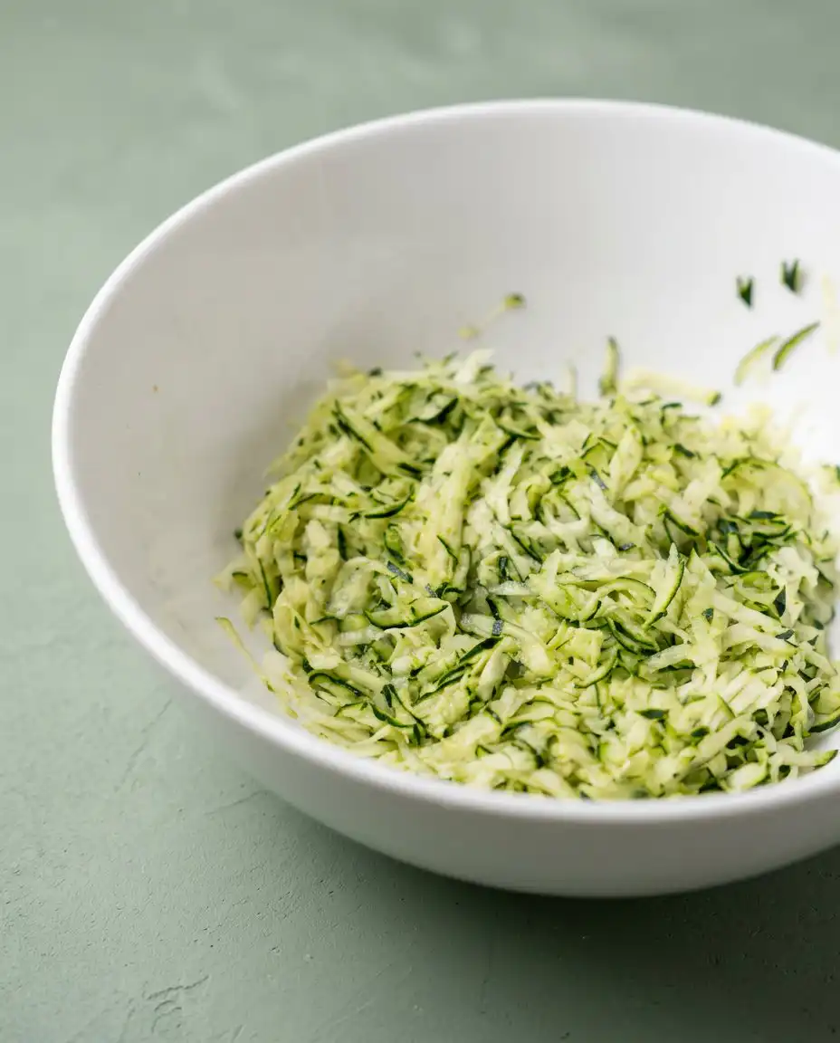 Two glass bowls containing shredded zucchini and mashed bananas for Banana Zucchini Muffins 2.