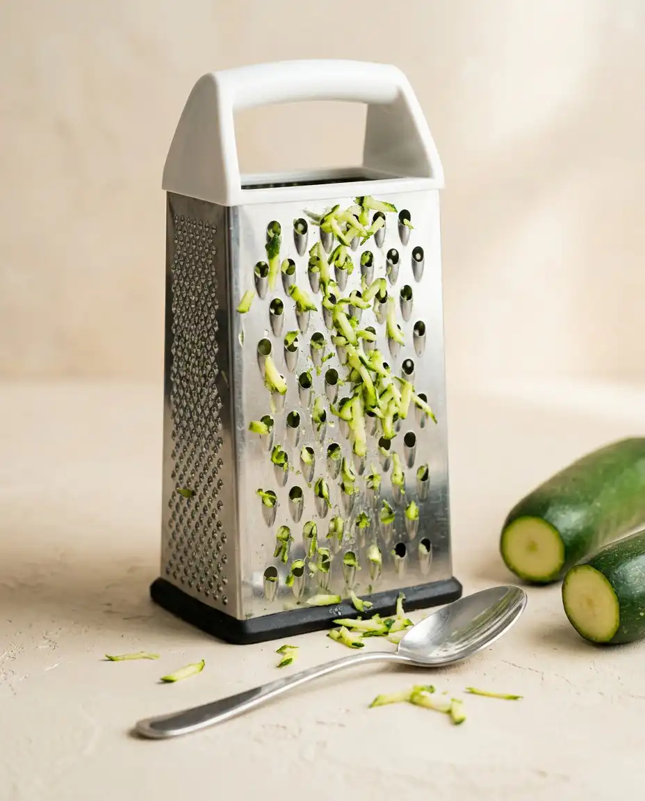 Shredded green zucchini being folded into a dark Classic Chocolate Zucchini Cake batter.