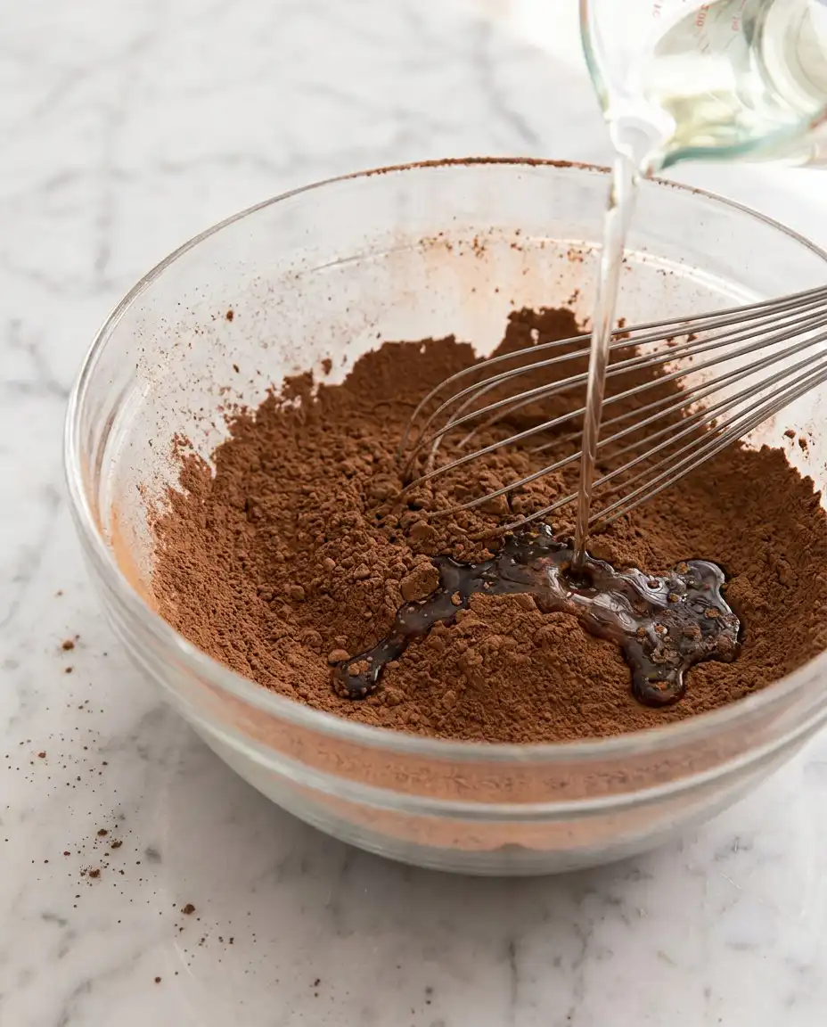 A baker sifting dark cocoa powder into a bowl for a Devil's Food Layer Cake.
