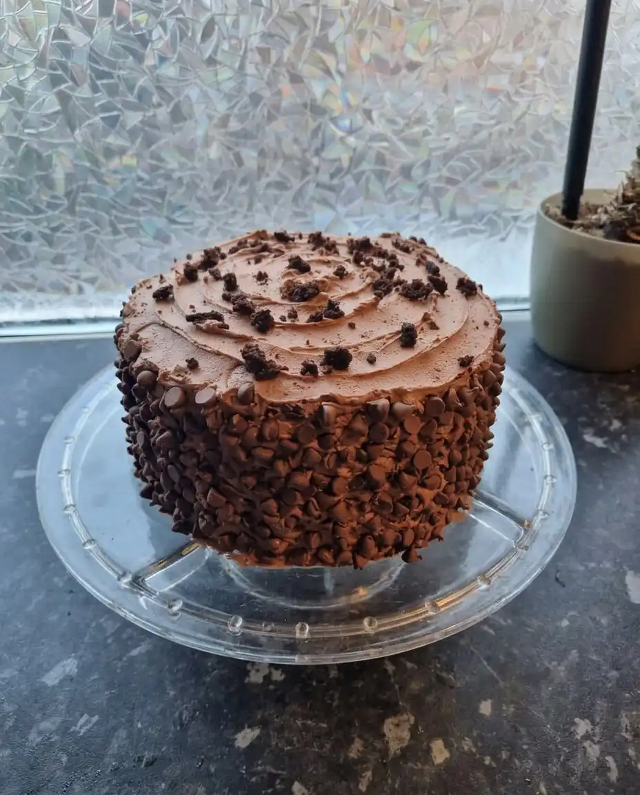 A slice of death by chocolate cake showing all six thin layers