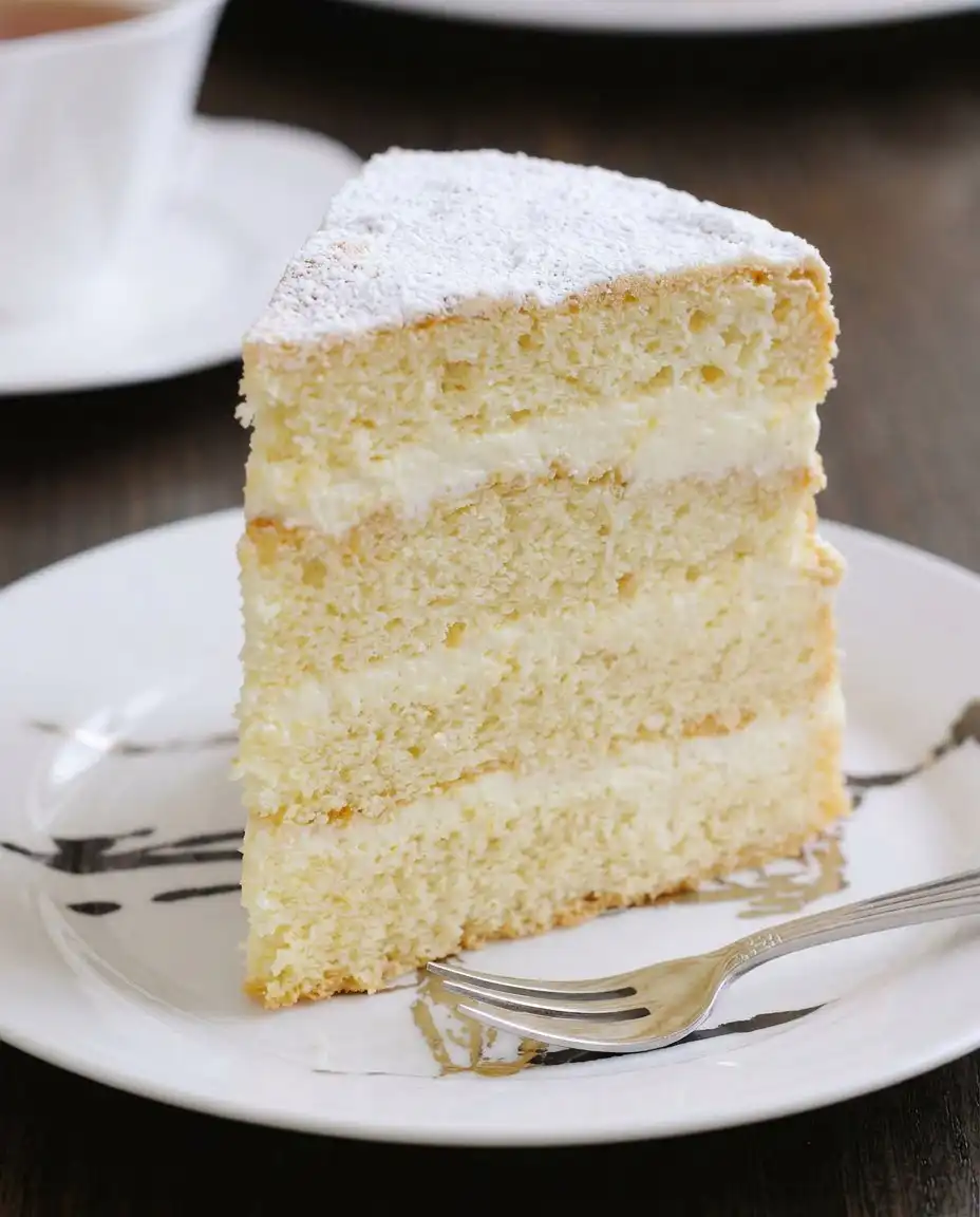 A slice of Italian Lemon Mascarpone Layer Cake on a vintage floral plate
