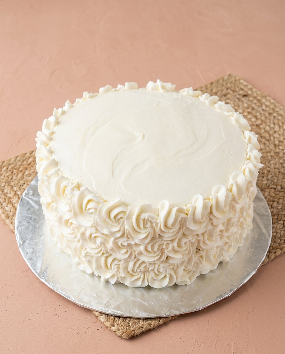 A single slice of Peach Buttercream Birthday Cake served on a vintage china plate.