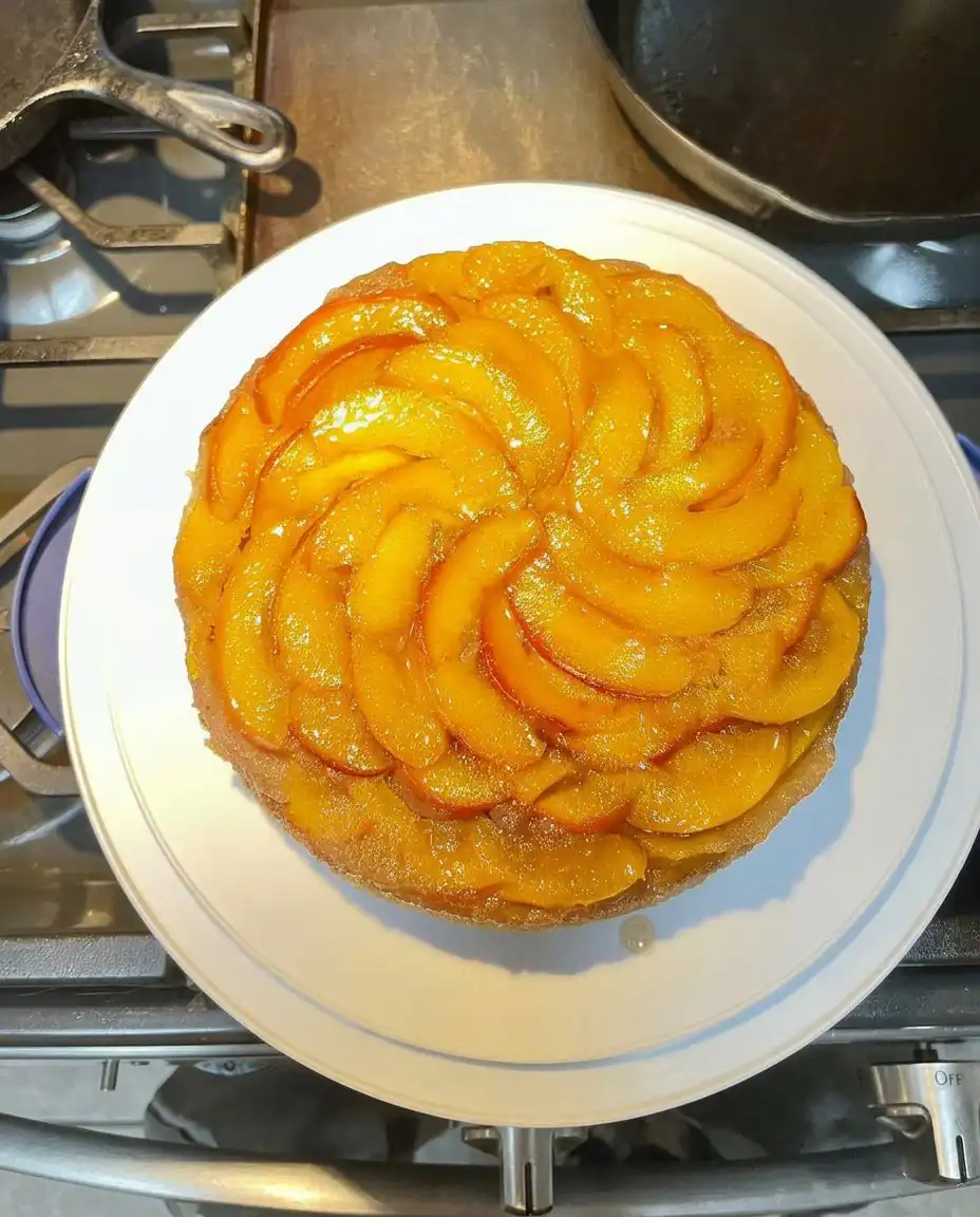 A slice of Bourbon Peach Upside Down Cake on a vintage floral plate with a silver fork.