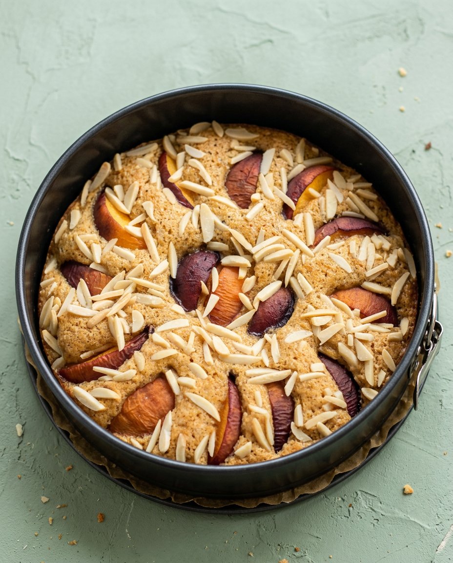 A thick slice of Sour Cream Peach Coffee Cake drizzled with white vanilla glaze on a plate.