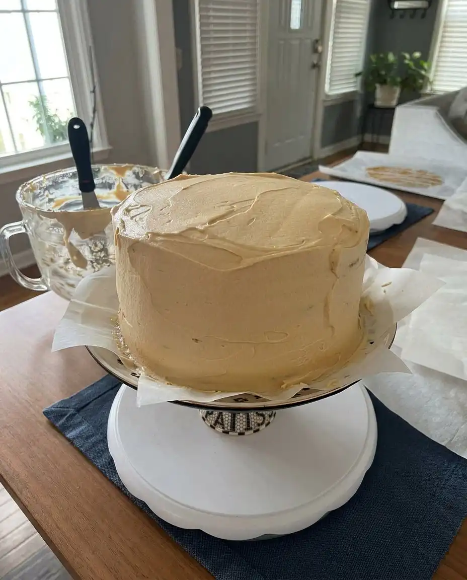 A single slice of Russian Peach Cake showing all six layers