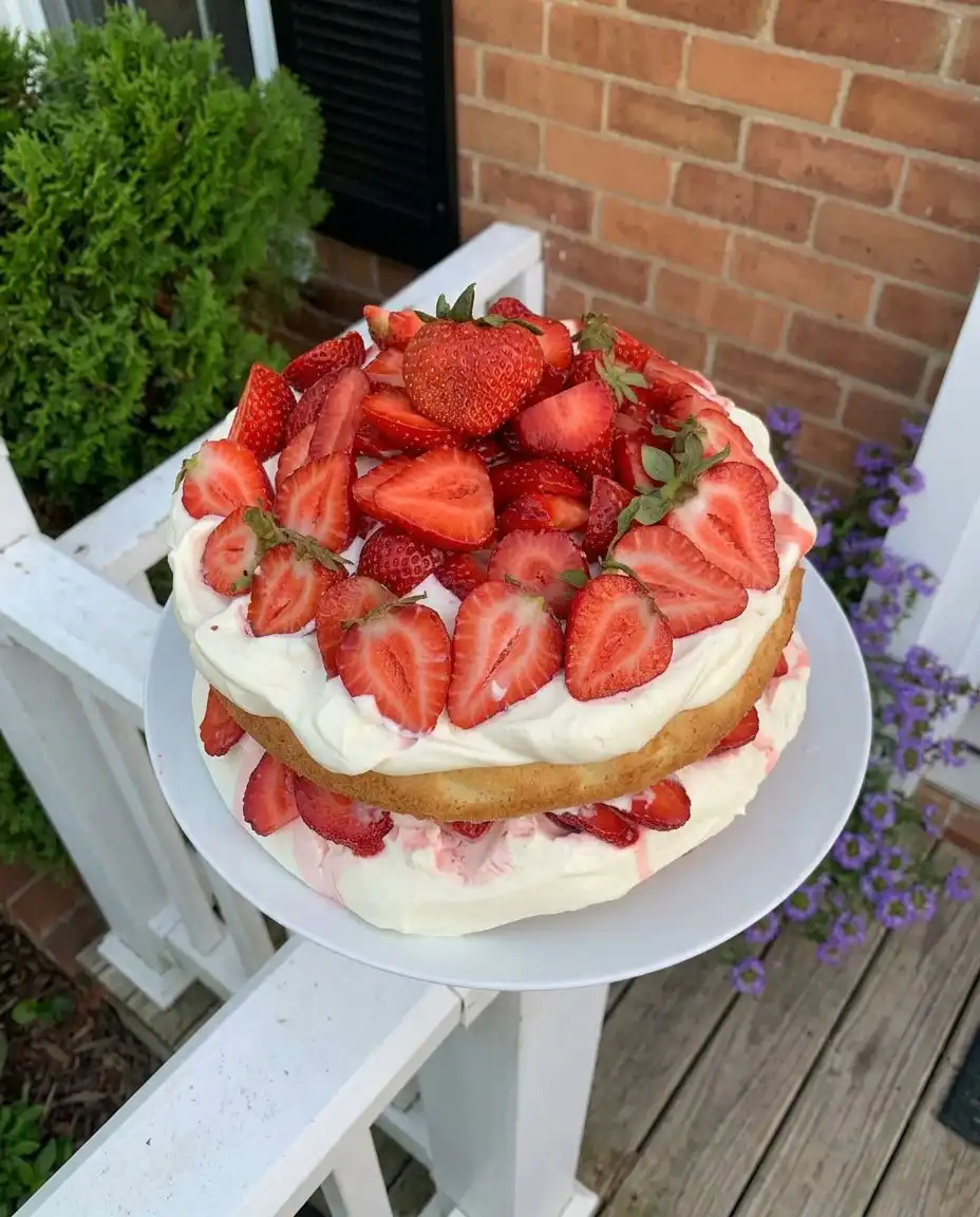 A slice of Strawberry ‘Shortcake’ Layer Cake on a vintage floral china plate