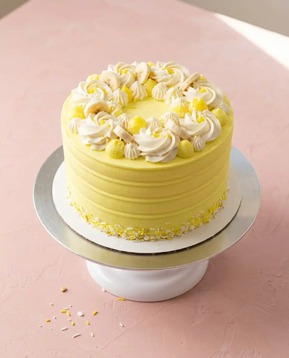 A slice of Banana Pudding Layer Cake showing the internal pudding and wafer layers.