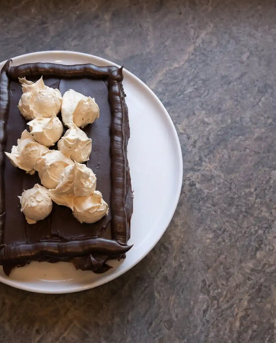 A single slice of peanut butter fudge cake on a white plate
