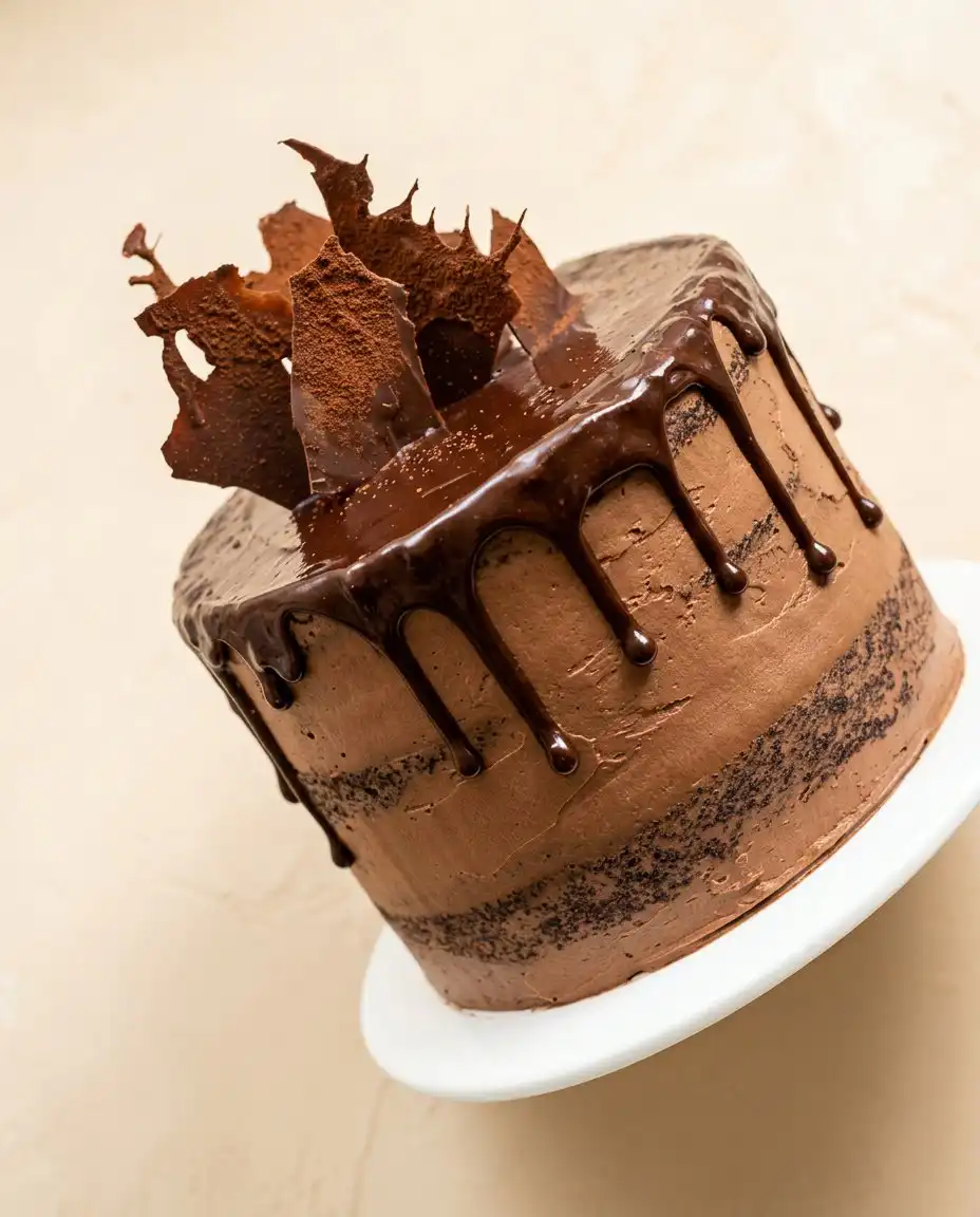 A slice of Classic Chocolate Zucchini Cake showing the moist crumb and three layers of frosting.