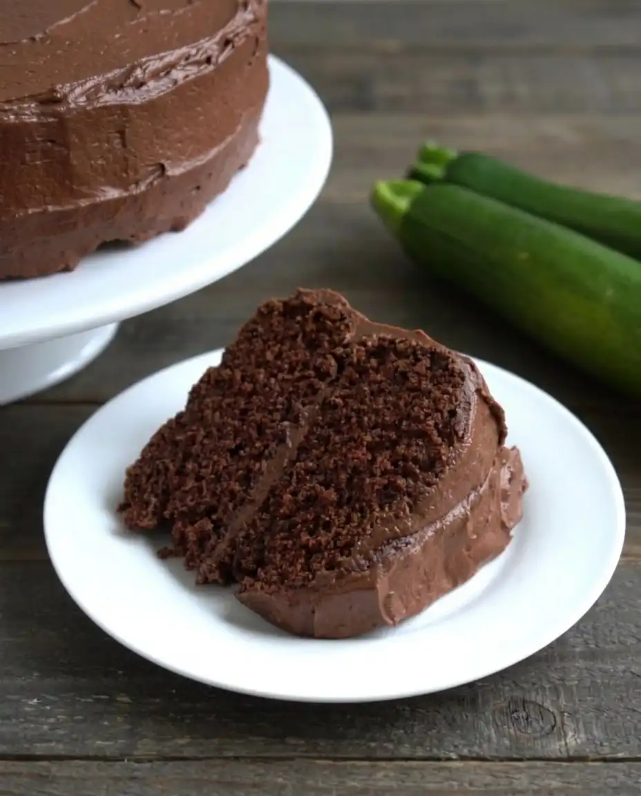 A single slice of chocolate zucchini cake served with fresh raspberries