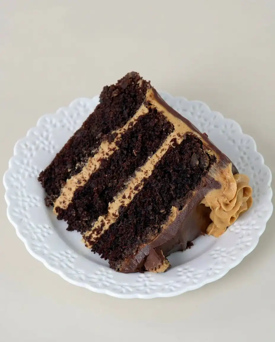 A single slice of chocolate cake showing three distinct layers and frosting