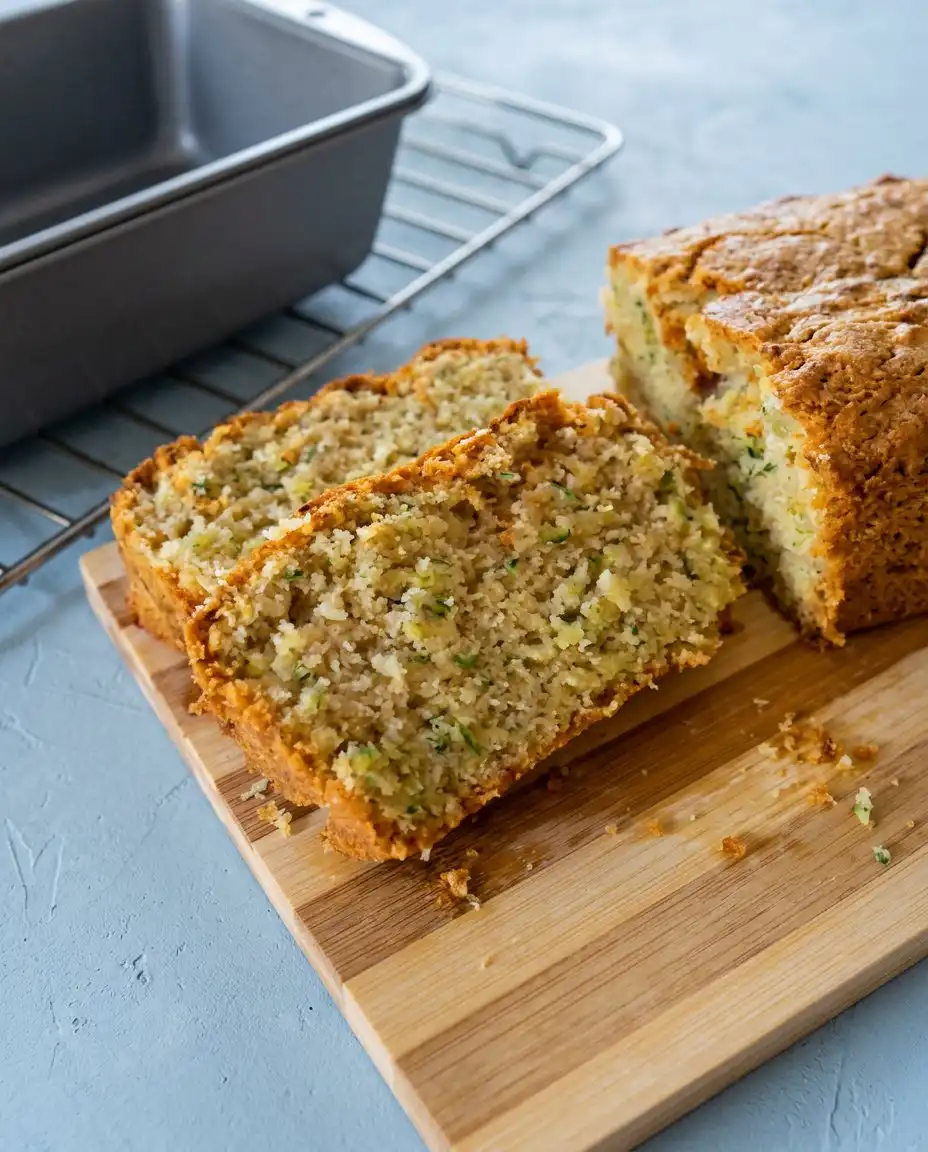 A slice of Lemon Zucchini Cake with a white lemon glaze on a dessert plate.