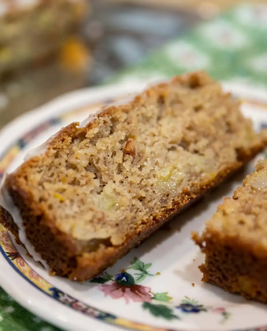 A thick slice of glazed heavenly peach bread served on a vintage floral plate