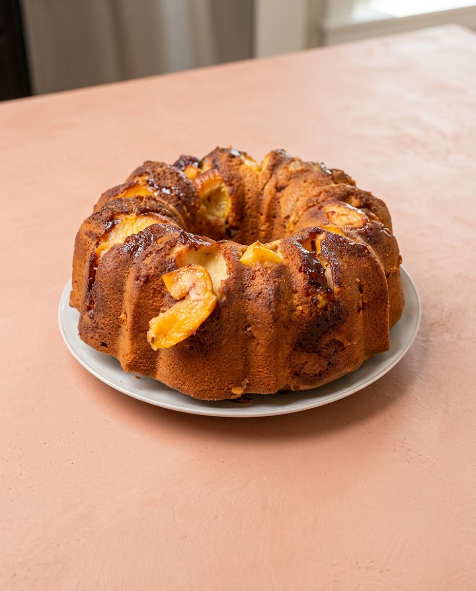 A slice of Old-Fashioned Peach Cobbler Pound Cake Recipe showing fruit pockets and dense crumb.