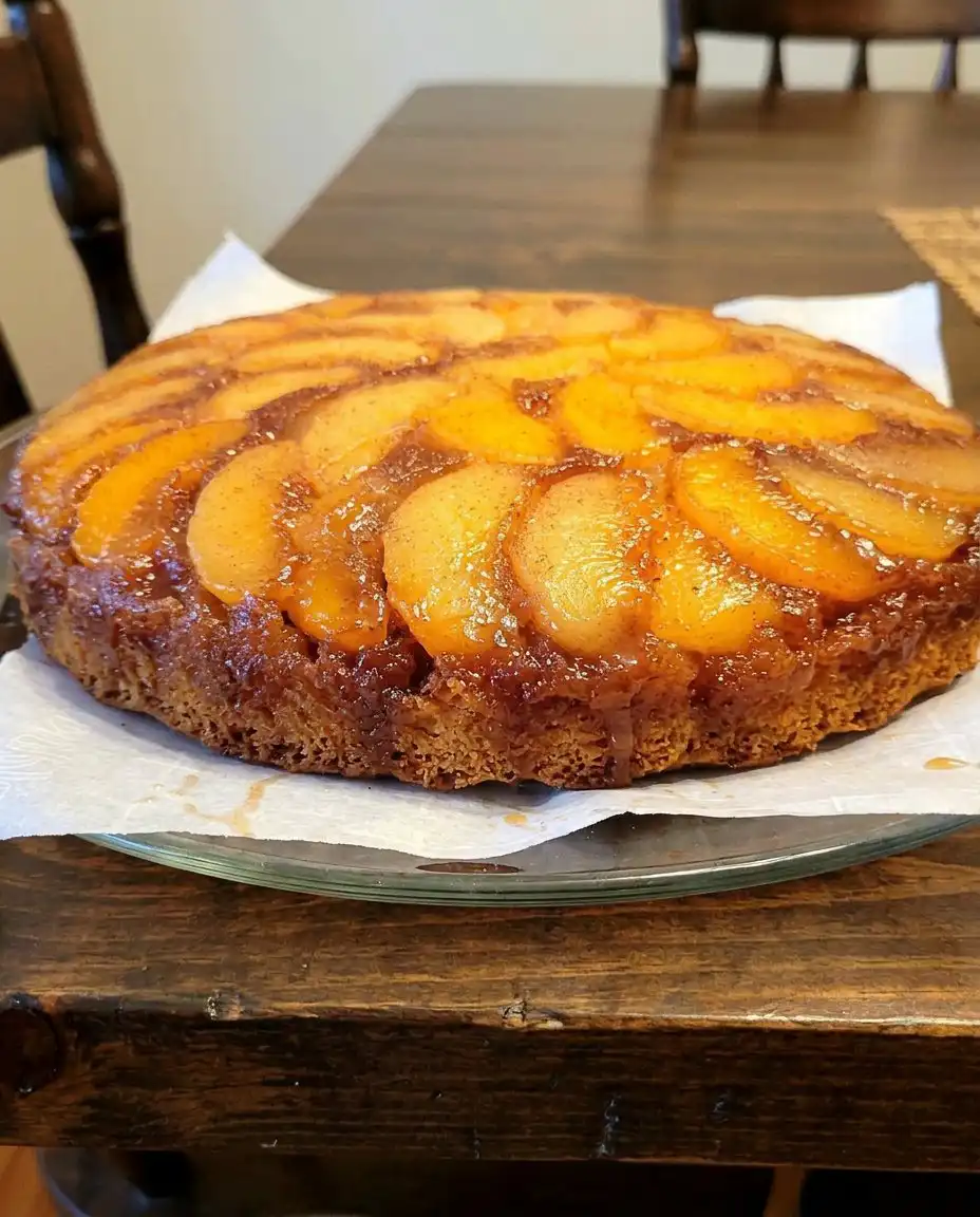 A slice of peach upside down cake topped with a scoop of vanilla ice cream