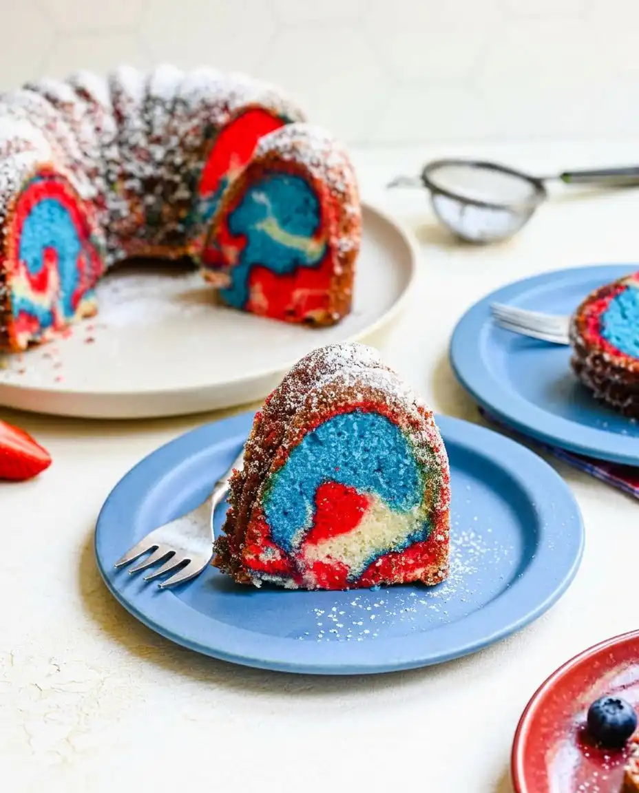 A pristine slice of marble cake revealing bright red, white, and blue swirls on an elegant plate