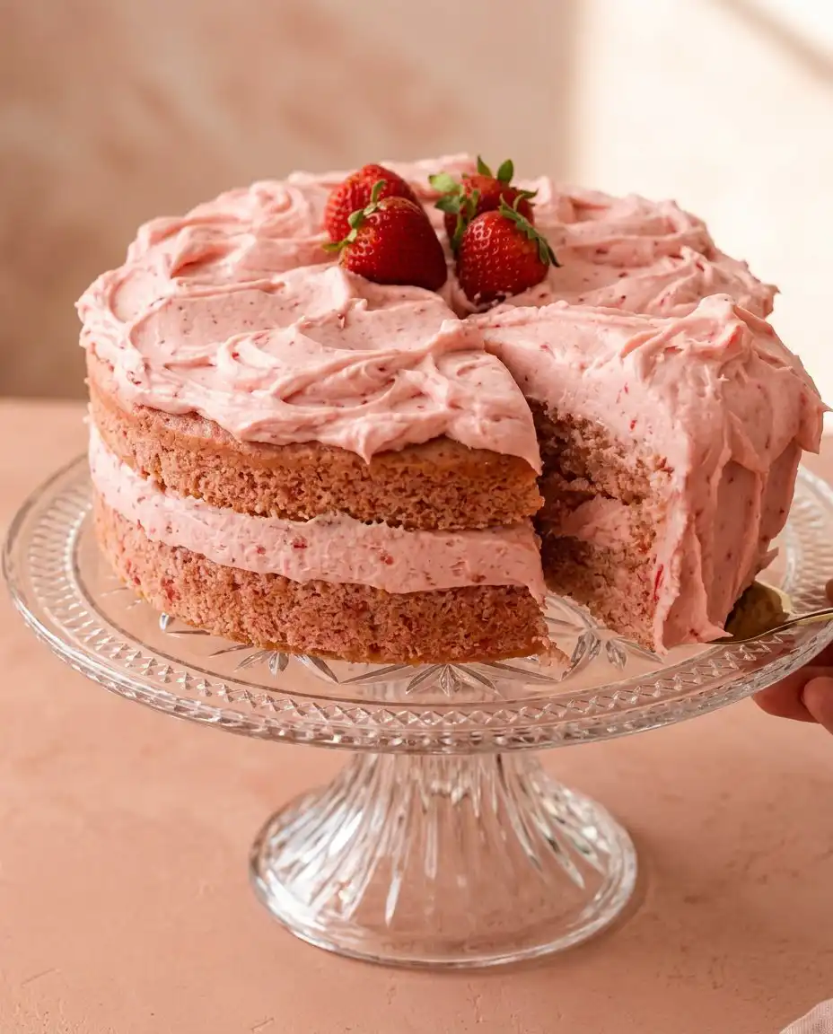 A single slice of strawberry cake showing the delicate pink crumb and even frosting layers.