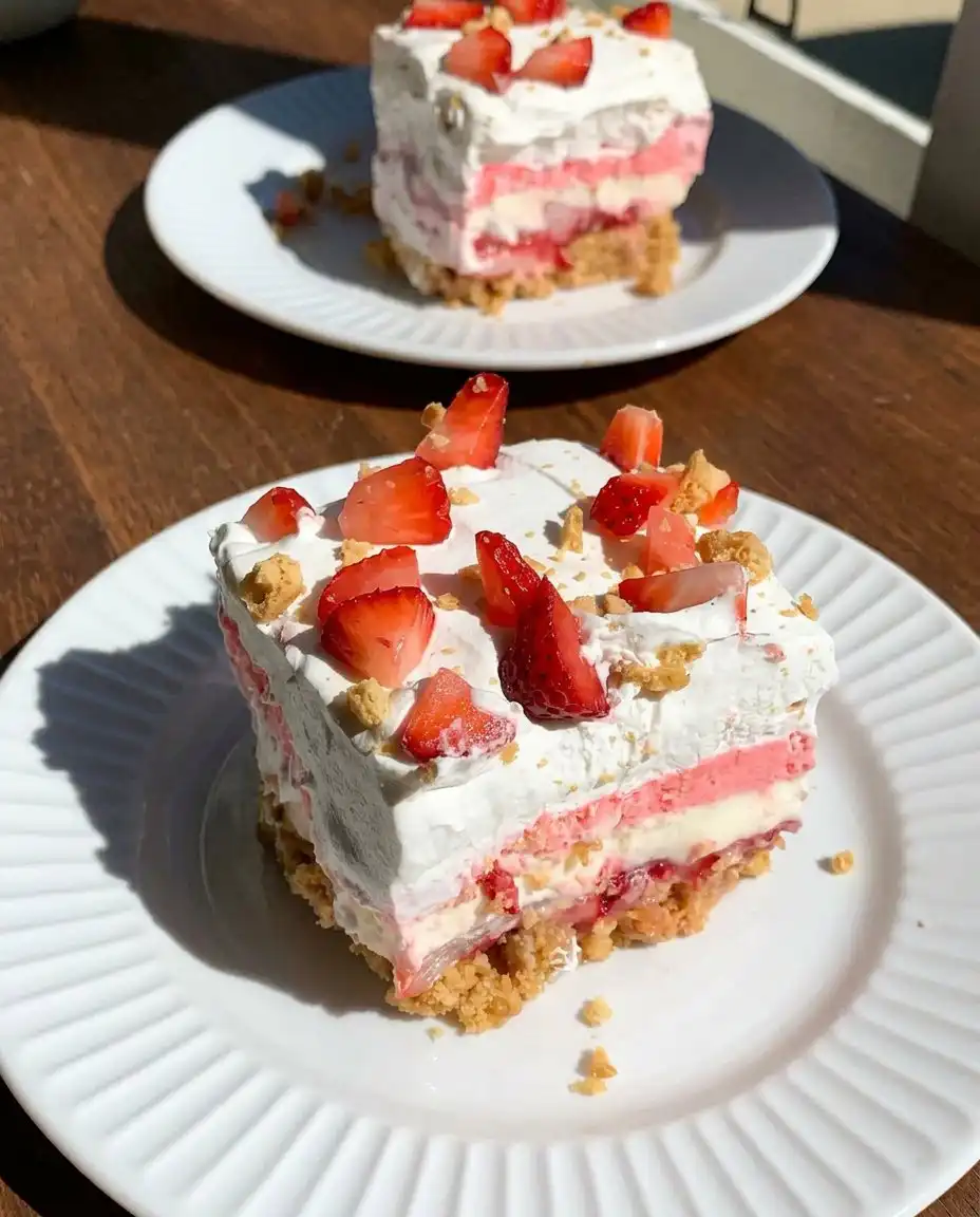 A perfectly cut slice of No-Bake Strawberry Dream on a plate