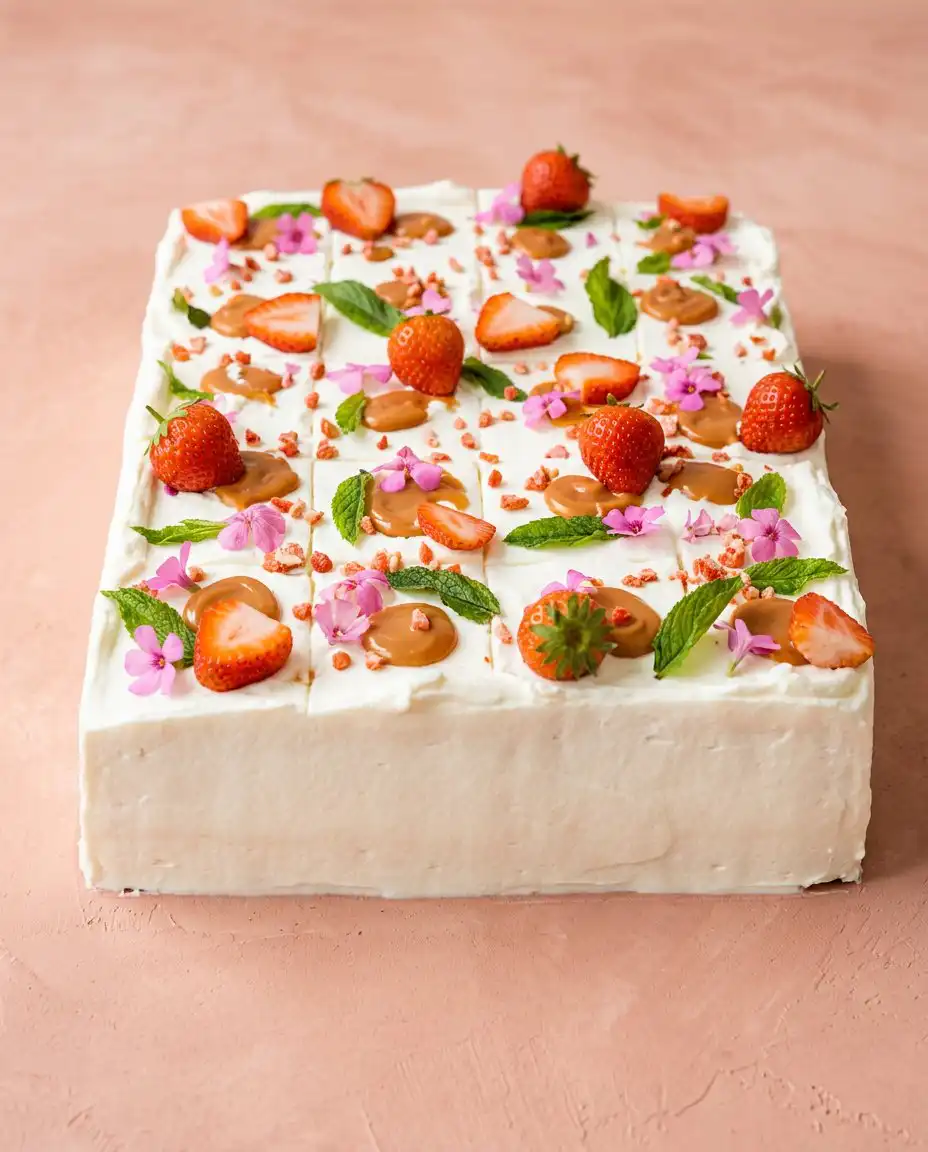 A clean slice of the Best Strawberry Sheet Cake showing the internal layers.