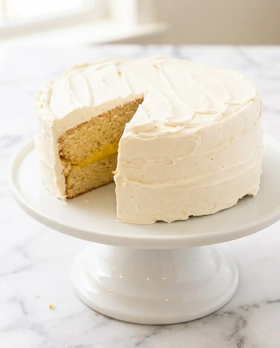 A single slice of Classic Vanilla Bean Layer Cake served on a vintage floral china plate.