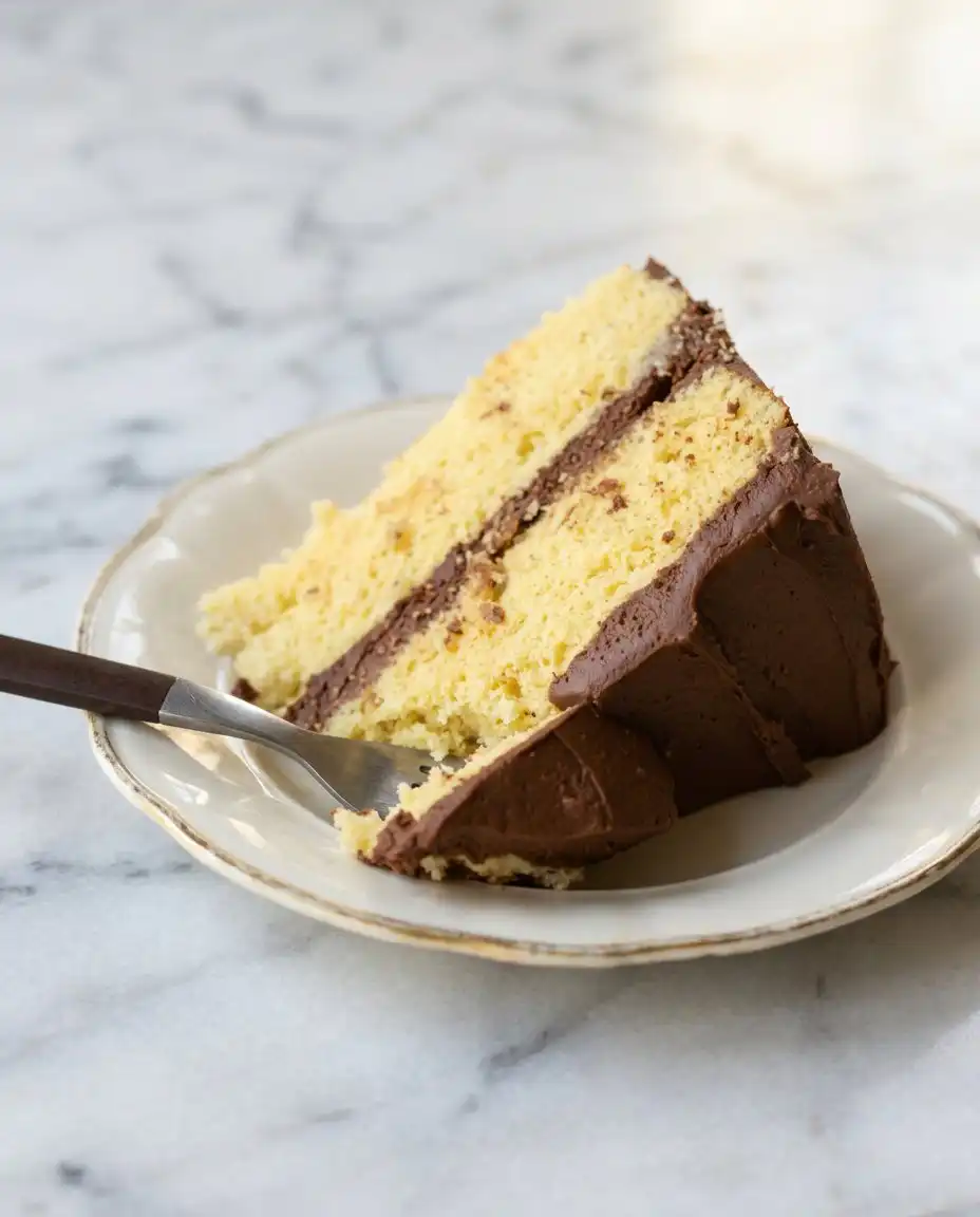A slice of Classic Two-Layer Yellow Cake with Chocolate Frosting showing the crumb.