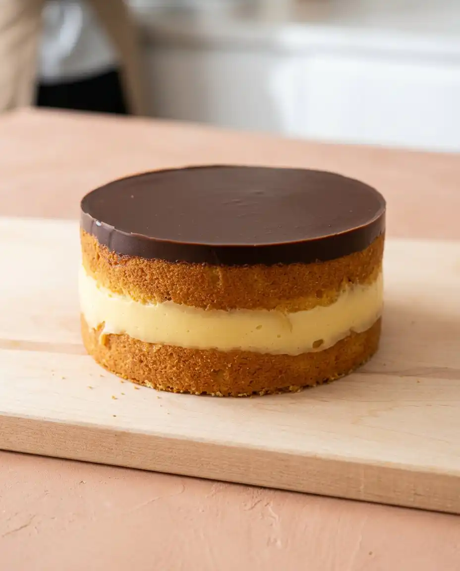 A sharp knife slicing through a Two-Layer Boston Cream Cake revealing the cream center.