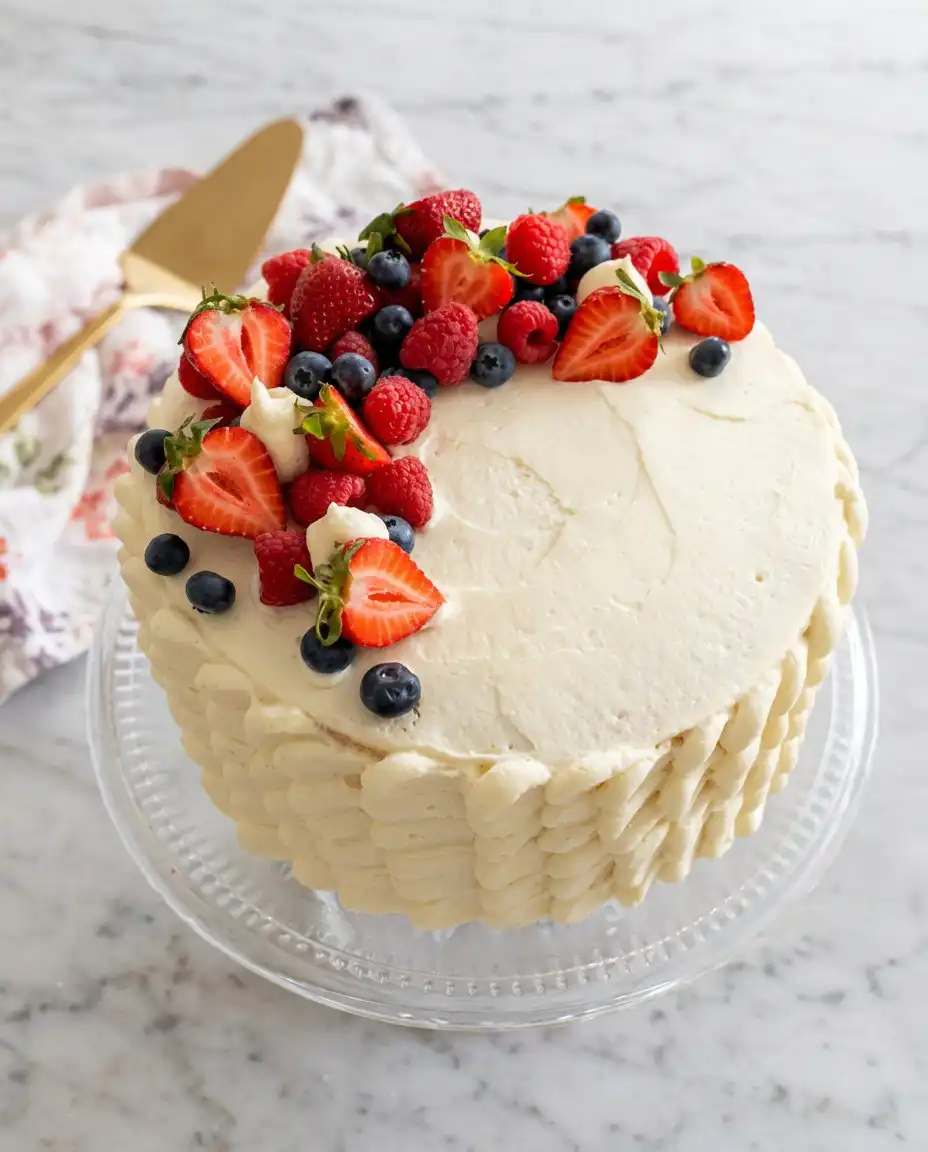 A clean slice of Chantilly Cake being removed to show the interior layers and berry filling.