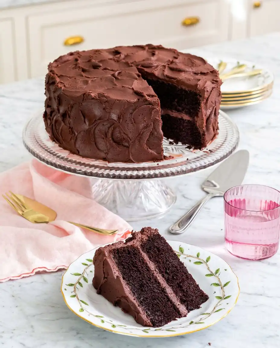 A sharp knife cutting into a rich slice of Devil's Food Layer Cake.