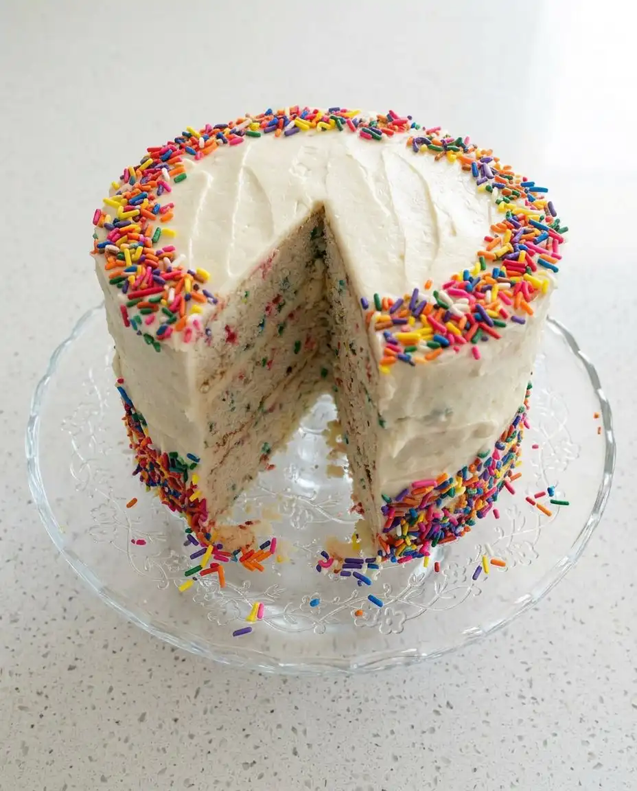 A Funfetti Birthday Layer Cake ready to be served at a festive celebratory gathering.