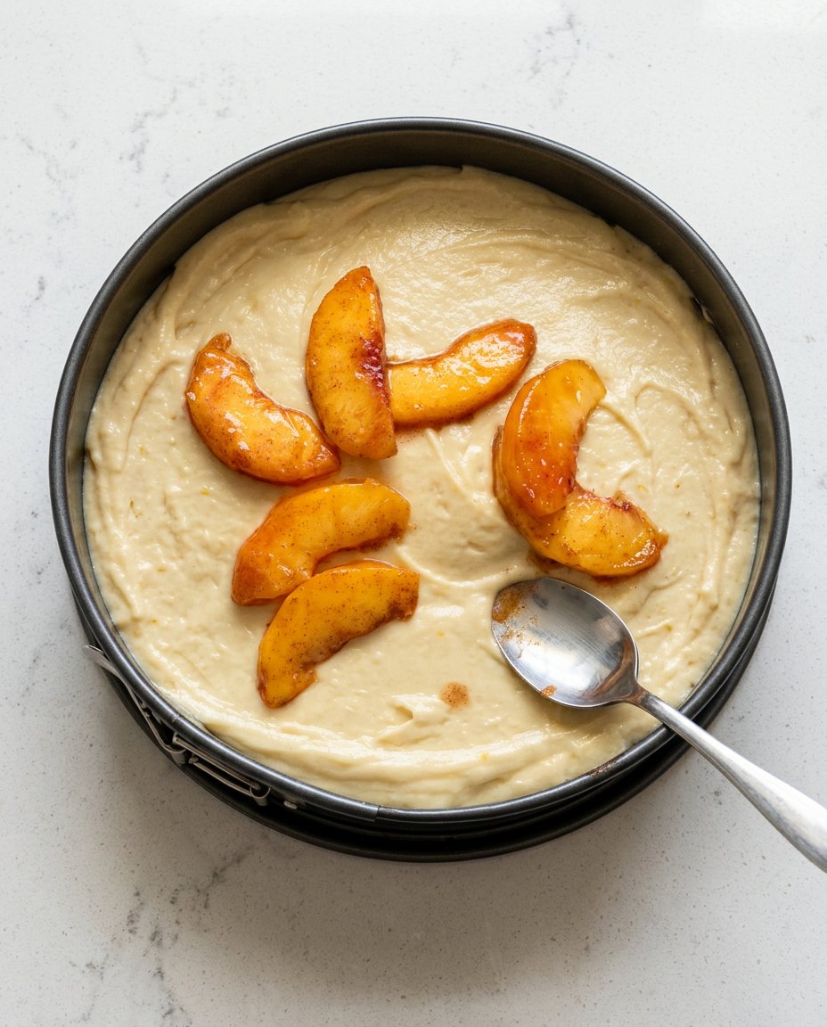 A hand slicing a piece of fresh peach cake to reveal the fruit layers inside.