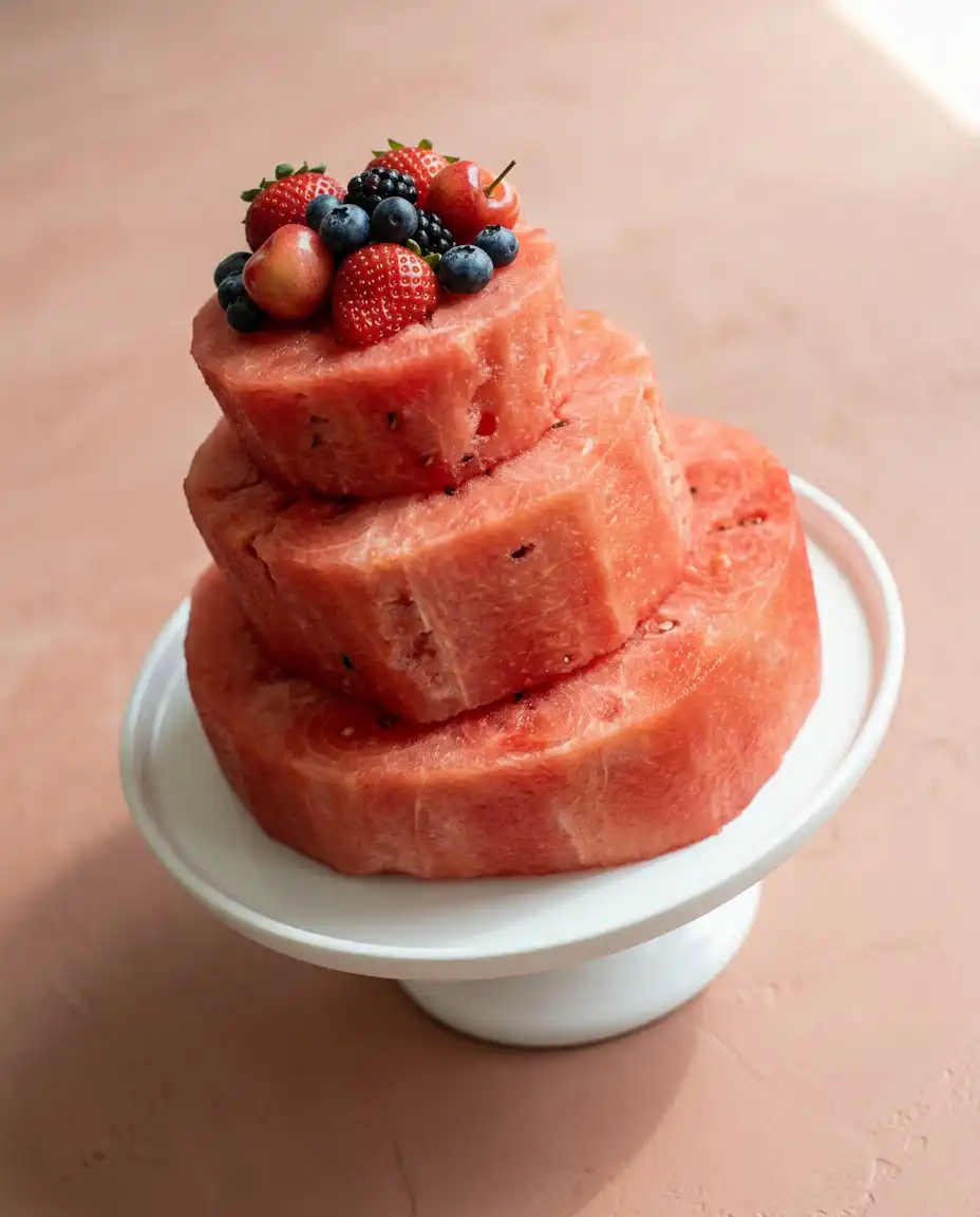A serrated knife cutting a wedge out of the top tier of a fresh watermelon layer cake.