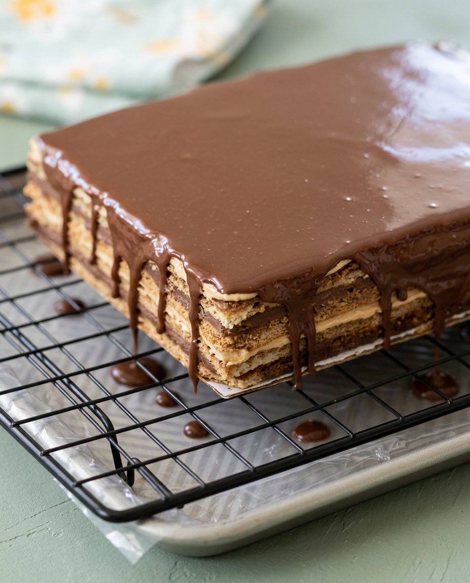 A chef slicing through a chocolate glazed Opera Cake with a long knife.