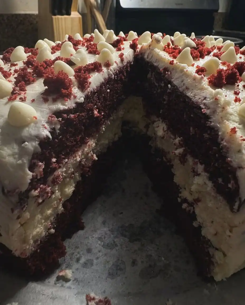 Close up of a knife making a clean slice through a layered cheesecake