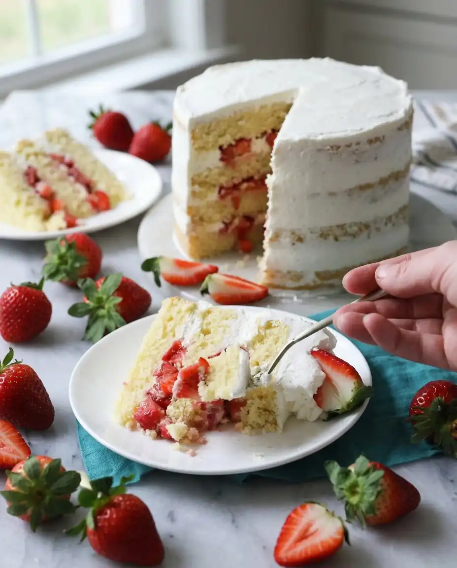 A serrated knife slicing through a strawberry shortcake cake