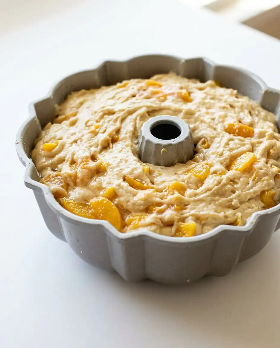 A knife slicing into the dense Cream Cheese Peach Cobbler Pound Cake.