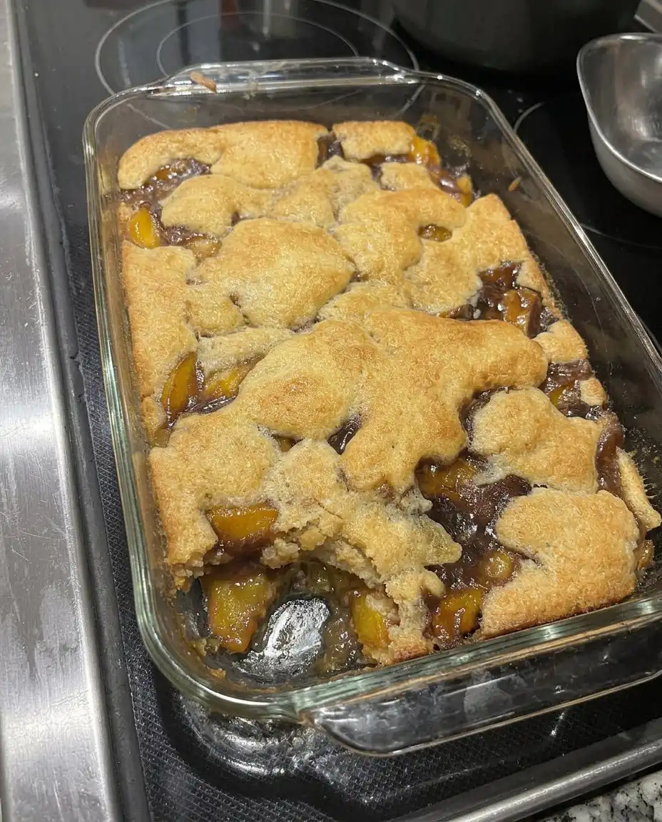 A full slow cooker of peach cobbler with a large scoop taken out, revealing the steaming fruit beneath.