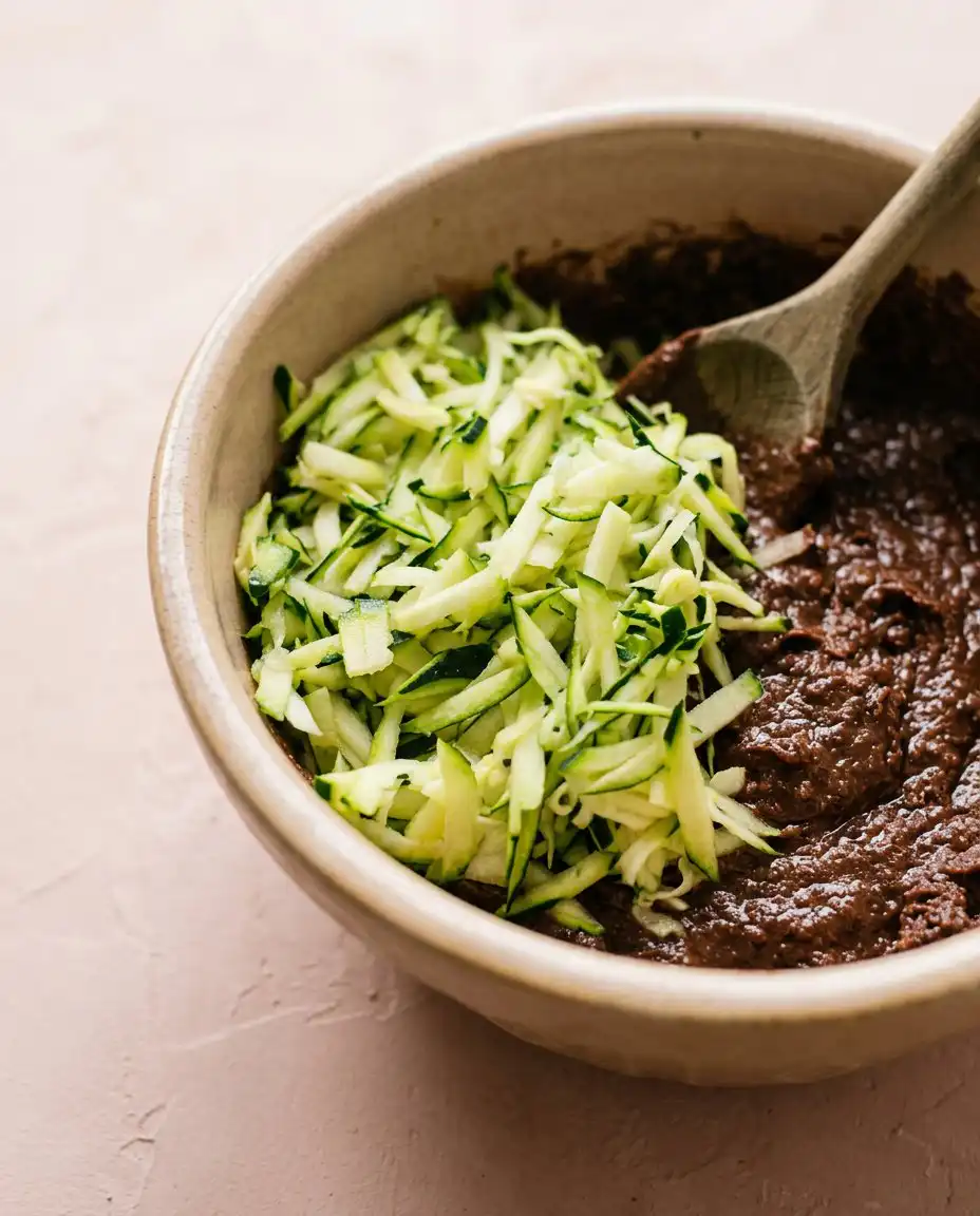 A baker using an offset spatula to spread ganache over a Dairy-Free Chocolate Zucchini Cake.