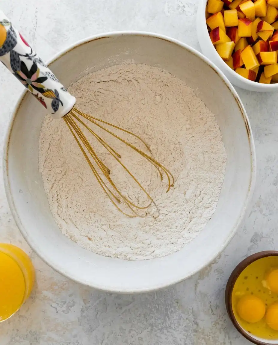 Ingredients for peach cobbler including flour sugar milk and canned peaches