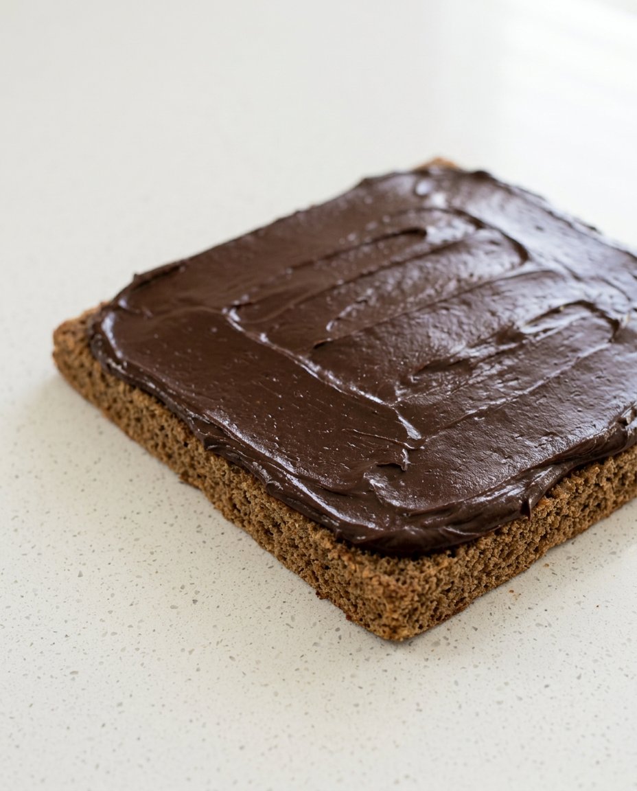 An offset spatula spreading a thin layer of coffee buttercream on a sponge.