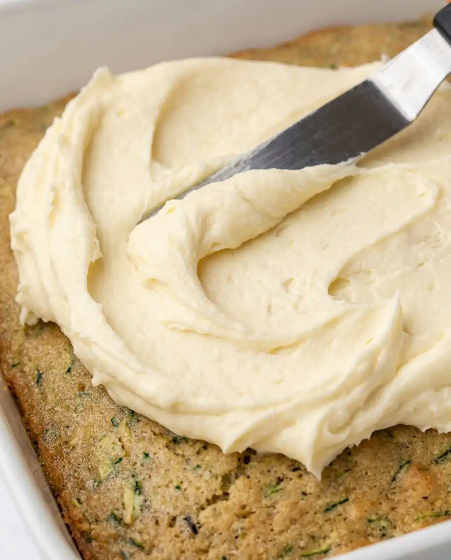 A spatula spreading white cream cheese frosting over a pan of zucchini bars.