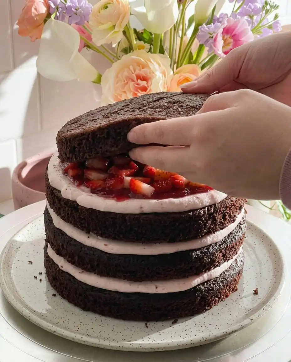 A hand using an electric mixer to blend strawberry jam into cream cheese frosting